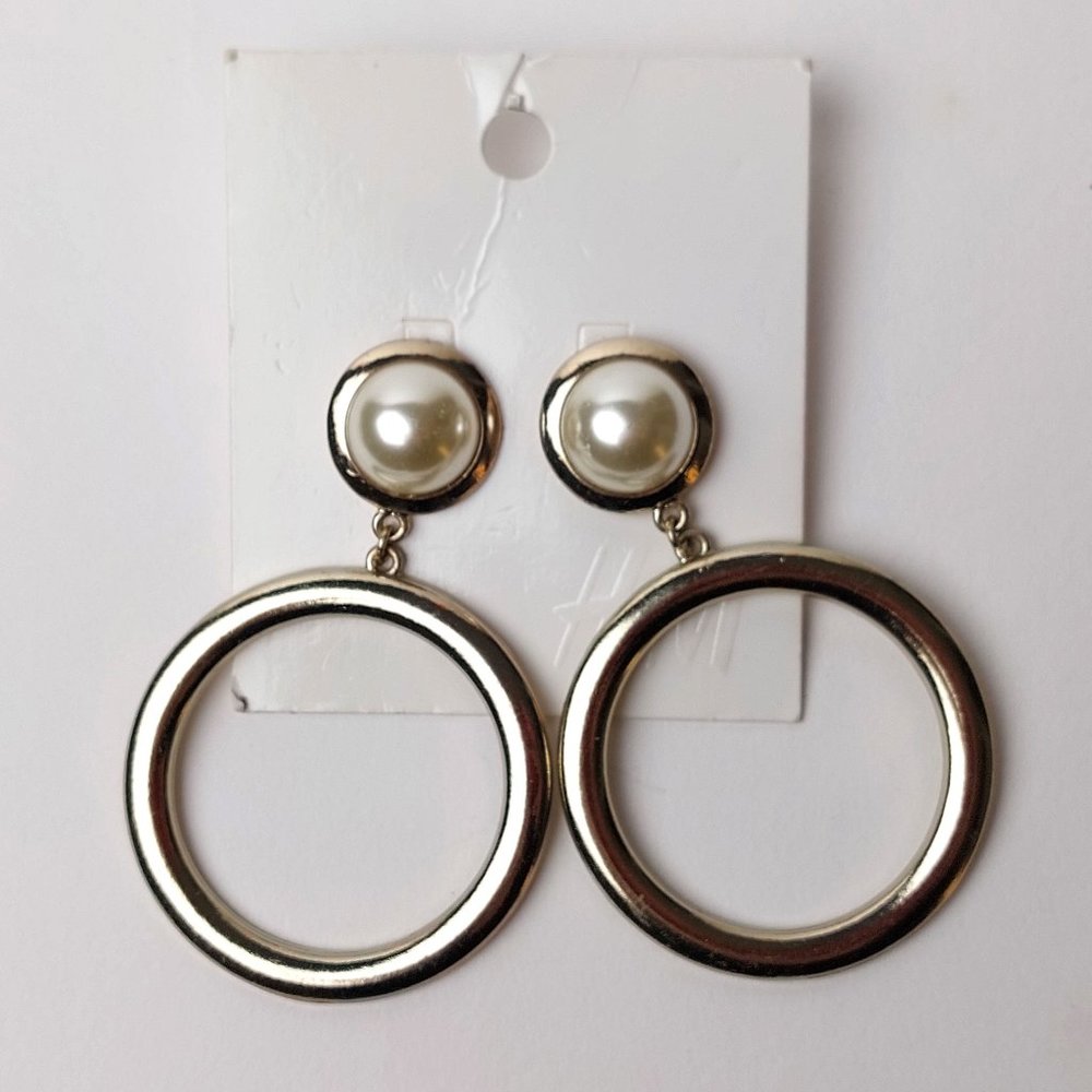 Large Gold Hoop Earrings with Faux Pearl - Costume Jewelry
